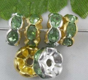 100 x vergulde en verzilverde rondel met groene strass, 8mm