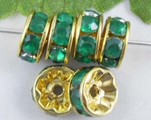 100 x vergulde rondel met groene strass, 8mm