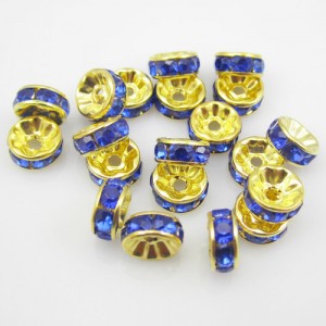 100 x vergulde rondel met blauwe strass, 8mm