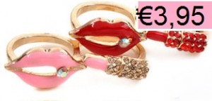 vergulde dubbele ring met MOND en LIPSTICK! rood of roze