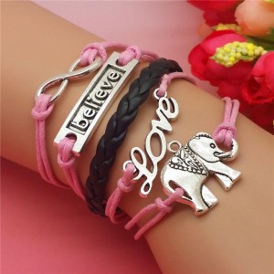 verstelbare INFINITY symbool armband met karabijnsluiting LOVE, BELIEVE en olifant