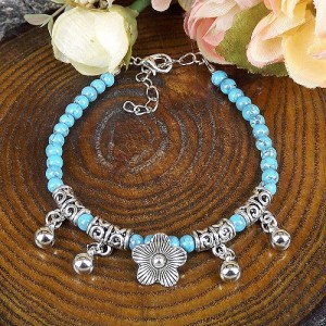 tibetaans zilveren armband met BLOEM en turquoise edelsteen kralen