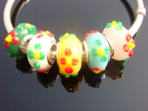 5 lampwork glaskralen/bedels pandora-style met 925 zilveren kern, keuze uit 5  kleuren