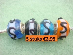 5 lampwork glaskralen/bedels pandora-style met 925 zilveren kern  kleur naar keuze!