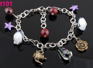 1 tibetaans zilveren armband/enkelbandje met murano, sterretjes en bronskleurige bedels