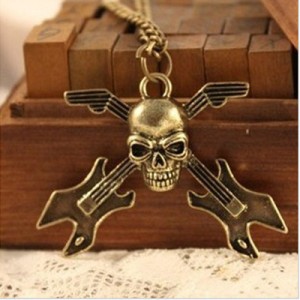 bronskleurige ketting met SKULL met GITAAR hanger, 48x36mm